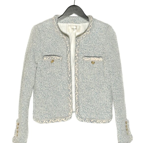 Celine Blue Ivory Tweed Open Cardigan Jacket - Picture 1 of 9